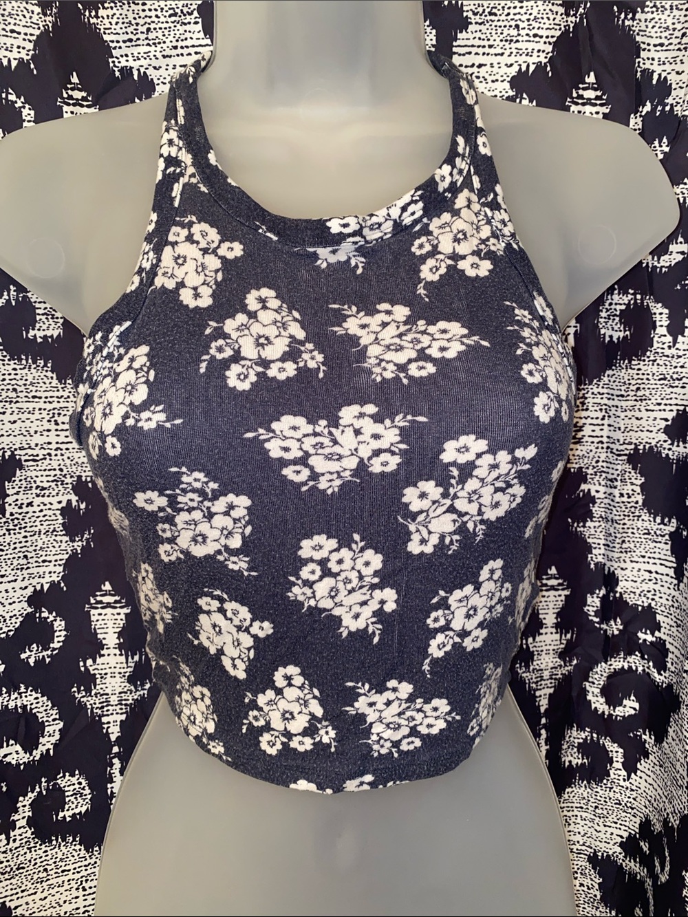 Floral Halter Crop Tank Top - Navy Blue/White